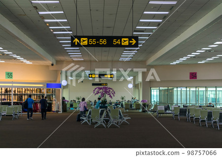 Boarding gate sign in airport. Airport Departure information board sign in terminal at airport. 98757066