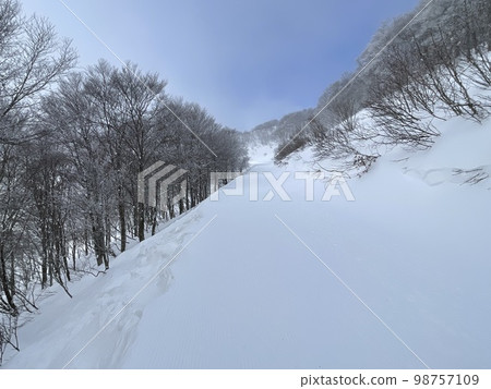 2023 年 1 月,福島縣萬代滑雪場的升降機已停止工作的非壓實雪道通道 2023 年 1 月,福島縣萬代滑雪場的升降機已停止工作的非壓實雪道通道 98757109