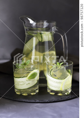 Refreshing drink. Lemon and cucumber with ice. copy space Refreshing drink. Lemon and cucumber with ice. copy space 98757120