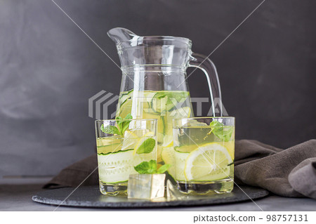 Refreshing drink. Lemon and cucumber with ice. copy space 98757131