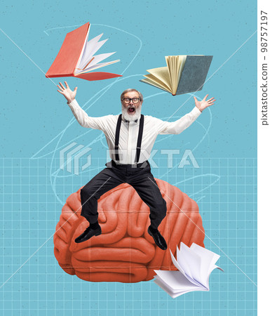 Contemporary art collage. Creative design. Senior emotional man, teacher, professor over blue background. Professor, brainstorming Contemporary art collage. Creative design. Senior emotional man, teacher, professor over blue background. Professor, brainstorming 98757197