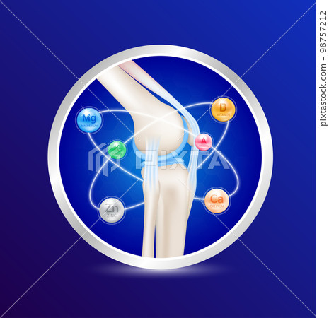 Healthy joint bone and Mineral calcium, magnesium, vitamins and zinc. Radius ring surrounds on a blue background. Help heal arthritis knee. 3D realistic vector. For nutrition products design. 98757212