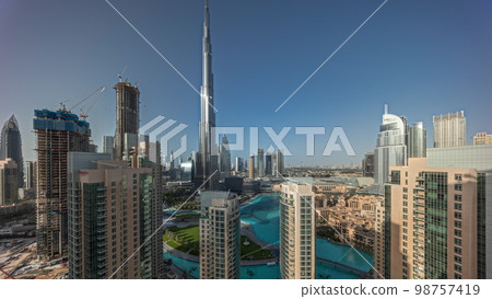 Panorama showing Dubai Downtown cityscape with tallest skyscrapers around aerial . 98757419