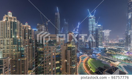 Panorama of downtown Dubai city aerial night 98757776