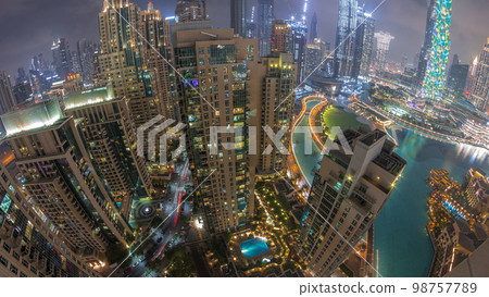 Skyscrapers skyline in Dubai Downtown in the evening aerial . 98757789