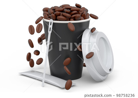 Paper coffee cup with cover, sugar, coffee bean and stick for americano espresso 98758236