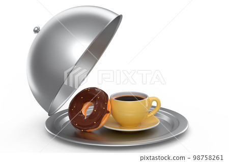 Metal tray with cloche ready to serve with ceramic coffee cup and doughnut 98758261