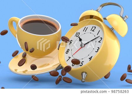 Vintage alarm clock with ceramic coffee cup on blue background. Vintage alarm clock with ceramic coffee cup on blue background. 98758263