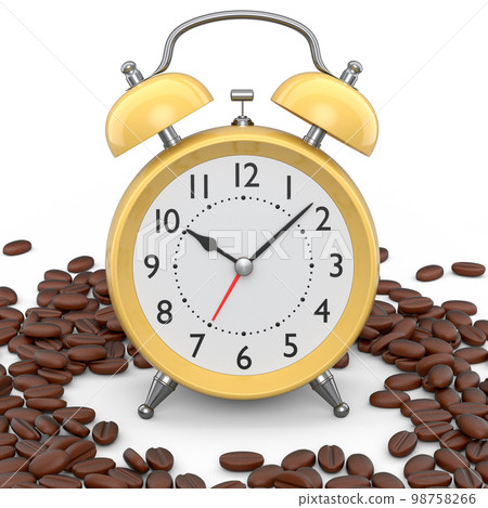 Vintage alarm clock with roasted coffee beans spread out on white background. Vintage alarm clock with roasted coffee beans spread out on white background. 98758266