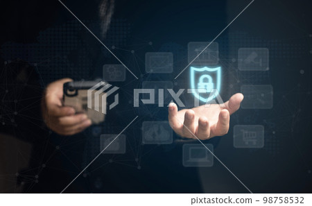Concept of cyber security in mobile or tablet transactions. internet security Identity Theft Protection. Business,  Finance, Online Shopping,  protection of personal information. 98758532