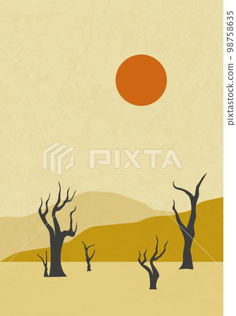 Desert landscape, sunny dunes and dry tree illustration.Desert landscape with dead trees 98758635