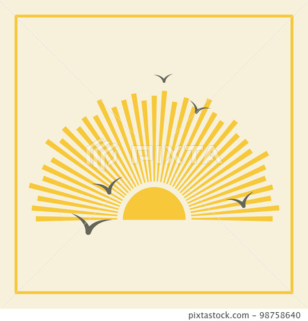 Sunrise and flying birds aesthetic square illustration poster. Bohemian style wall decor. 98758640