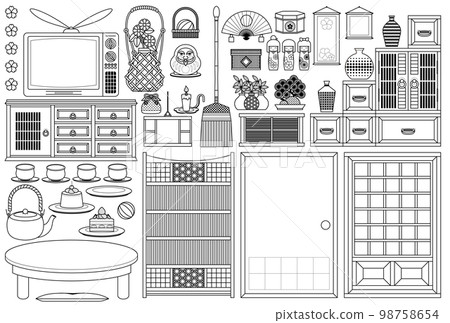 日式房間昭和復古裝飾插圖日式設計“日本家具和日本雜貨（著色線描）” 98758654