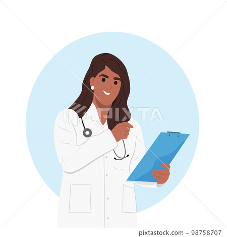 female doctor holding a tablet. The pediatrician examines the results of the patient's tests. 98758707
