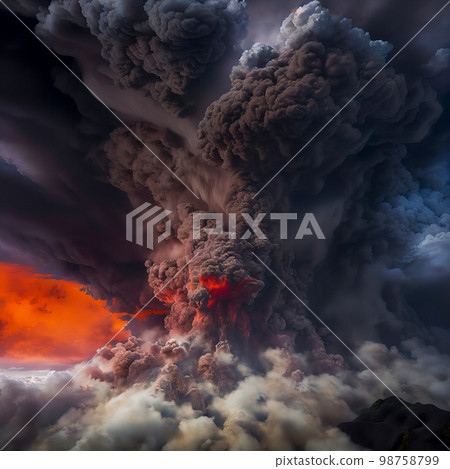 A Volcano Erupting with Plumes of Smoke and Ash Visible from an Aerial Perspective A Volcano Erupting with Plumes of Smoke and Ash Visible from an Aerial Perspective 98758799
