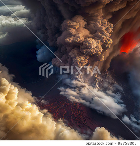 A Volcano Erupting with Plumes of Smoke and Ash Visible from an Aerial Perspective 98758803