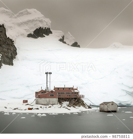 A Desolate Research Station on the Coastline of Antarctica next to High Coastline Covered with very Deep Snow 98758811