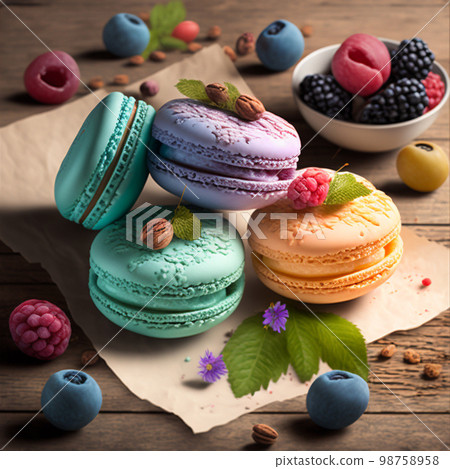 Cake macaron or macaroon stack on wooden table, colorful bright cookies with berries and nuts. 98758958