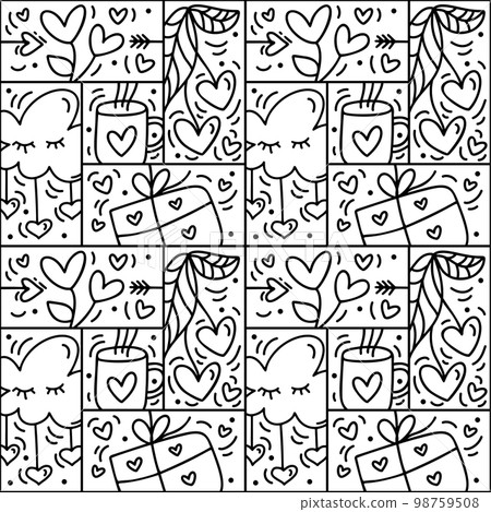 Valentines logo vector seamless pattern love, cup, cloud, heart and gift box line. Hand drawn monoline constructor for romantic greeting card 98759508