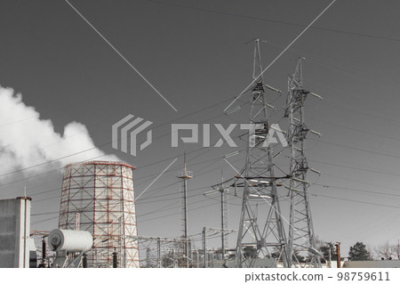 Electricity voltage high energy power technology electrical tower industry line electric grey sky Electricity voltage high energy power technology electrical tower industry line electric grey sky 98759611