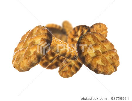 Collection of butter cookies explosion isolated on white background. Selective focus 98759954