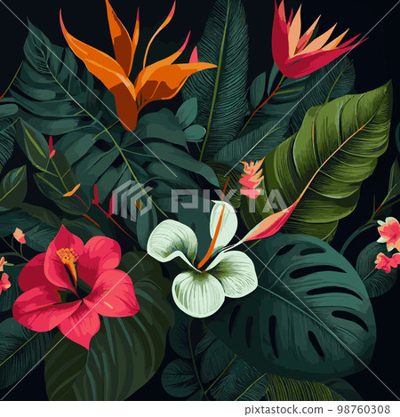 Green tropical forest background monstera leaves, palm leaves, branches. Exotic plants background for banner, template, decor, postcard. Abstract foliage and botanical wallpaper - Vector Green tropical forest background monstera leaves, palm leaves, branches. Exotic plants background for banner, template, decor, postcard. Abstract foliage and botanical wallpaper - Vector 98760308