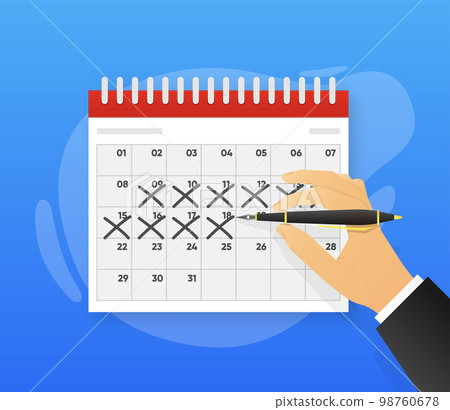Hand with pen mark calendar. Countdown days. Deadline concept. Business event planning. Vector illustration. Hand with pen mark calendar. Countdown days. Deadline concept. Business event planning. Vector illustration. 98760678