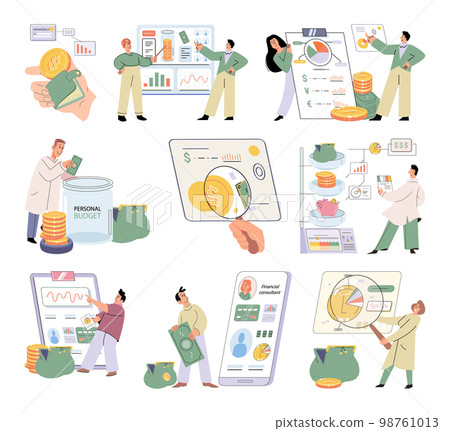 Set of people analyzing personal or corporate budget. Concept of finance accounting and calculation 98761013