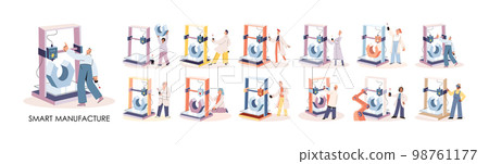 Manufacturing process at automated production industry. Scientist creates robot. Smart industry Manufacturing process at automated production industry. Scientist creates robot. Smart industry 98761177