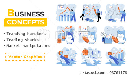 Stock market manipulation. Characters analyzing stock market data to control financial graphic chart Stock market manipulation. Characters analyzing stock market data to control financial graphic chart 98761178