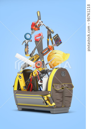 different tools set in tool bag concept of repair tools warehouse promotion 3d render on blue background different tools set in tool bag concept of repair tools warehouse promotion 3d render on blue background 98761218