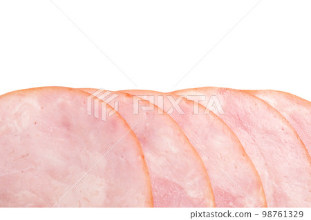 Slices of tasty fresh ham isolated on white, top view 98761329