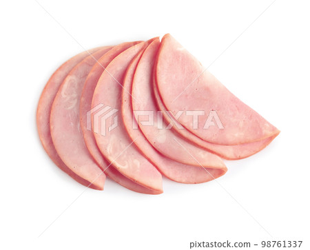 Slices of tasty fresh ham isolated on white, above view 98761337