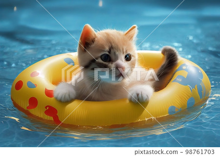 Adorable little ginger kitty swims in a yellow inflatable circle in waterpool 98761703