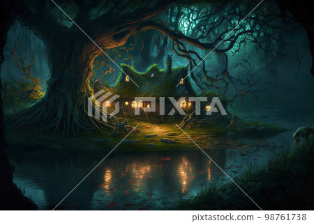 Fantasy cottage in the woods AI generative	 98761738