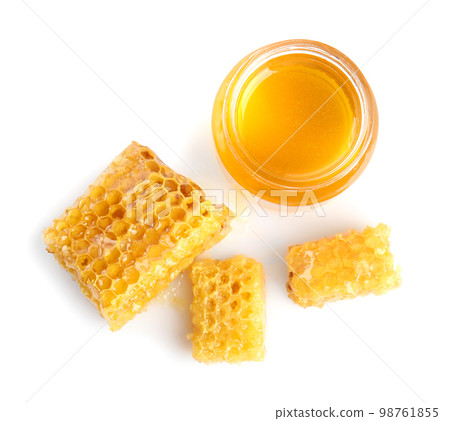 Composition with fresh honey on white background, top view Composition with fresh honey on white background, top view 98761855