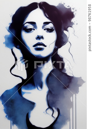 watercolour of a girl in blue tones watercolour of a girl in blue tones 98761958