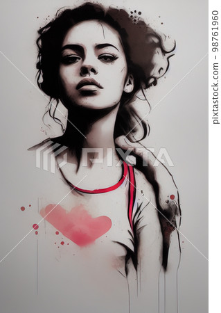 watercolour of a girl in grey red tones watercolour of a girl in grey red tones 98761960