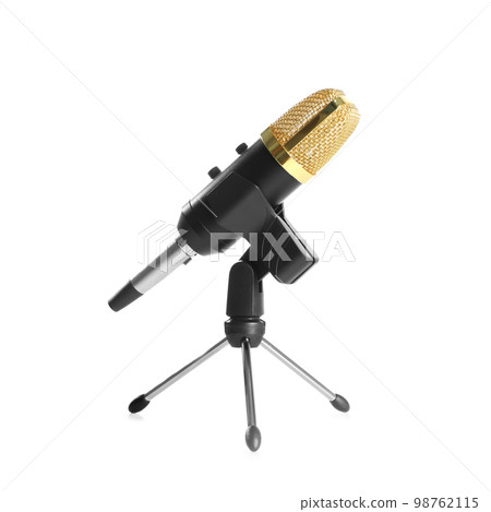 Modern microphone isolated on white. Journalist's equipment Modern microphone isolated on white. Journalist's equipment 98762115