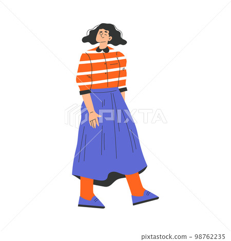 Typical French Woman Character in Blue Skirt Walking Vector Illustration 98762235