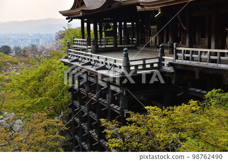 Kyoto, Japan, Kiyomizudera in spring, the main hall of a national treasure called Kiyomizu's stage, the cityscape at dusk, beautiful cherry blossoms and fresh greenery 98762490
