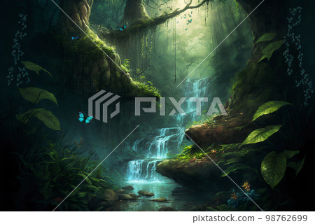 Fantasy forest or jungle with waterfall scene AI Generative Fantasy forest or jungle with waterfall scene AI Generative 98762699