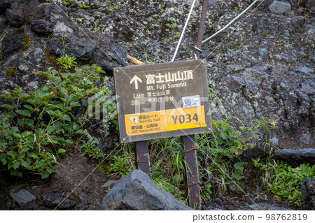 Mt Fuji trail sign indicating the distance to the peak in Fujiyoshida, Yamanashi, Japan. August 4, 2022 98762819