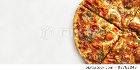 pizza with tomato, mozzarella and greens on a white background. Mozzarella and tomato. Italian dish. Italian food. Banner. copy space pizza with tomato, mozzarella and greens on a white background. Mozzarella and tomato. Italian dish. Italian food. Banner. copy space 98762849