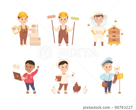 Cheerful Boy Character Depicting Different Profession Vector Set Cheerful Boy Character Depicting Different Profession Vector Set 98763227