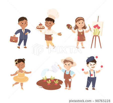 Cheerful Boy and Girl Depicting Different Profession Vector Set 98763228