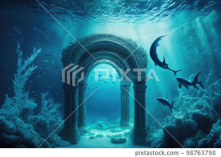 Fantasy underwater seascape with majestic architecture elements and stone ruins. Temple in ancient city, lost civilization. Generative AI Fantasy underwater seascape with majestic architecture elements and stone ruins. Temple in ancient city, lost civilization. Generative AI 98763798
