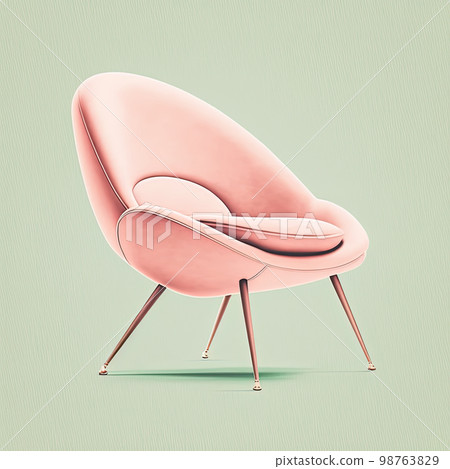 Mid century pink accent fabric chair with chromium legs. Fabric upholstery chair on green background. Mid-century, Loft, Scandinavian interior. Retro stylized modern furniture. AI 98763829