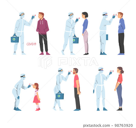 Doctors in Protective Suit Measuring Temperature of People with Body Temperature Scanner Vector Set 98763920