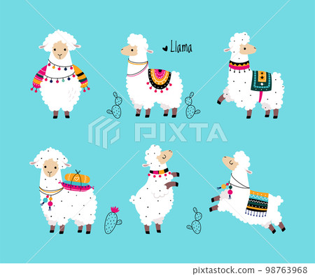 Pretty Wolly Llama or Alpaca Wearing Knitted Blanket in Different Pose on Blue Background Vector Set 98763968